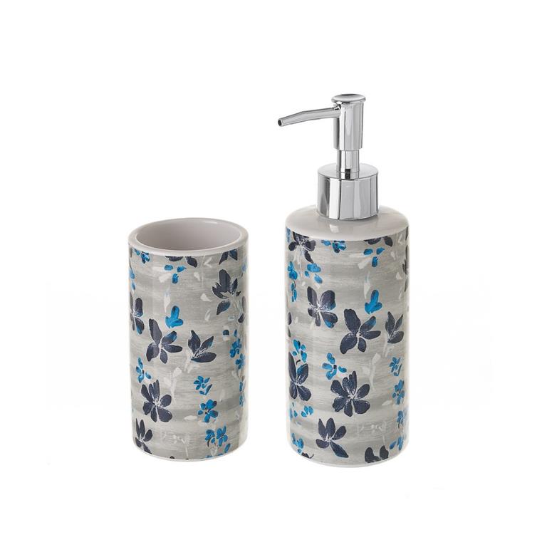 Set salle de bain blanc et bleu distributeur savon et verre