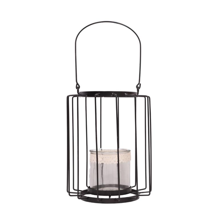 Lanterne jardin extérieur à poser bougie ancienne métal noir 18x22cm