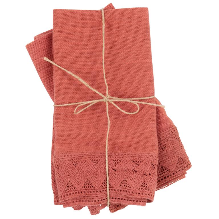 Serviettes en coton terracotta et dentelle42x42 
