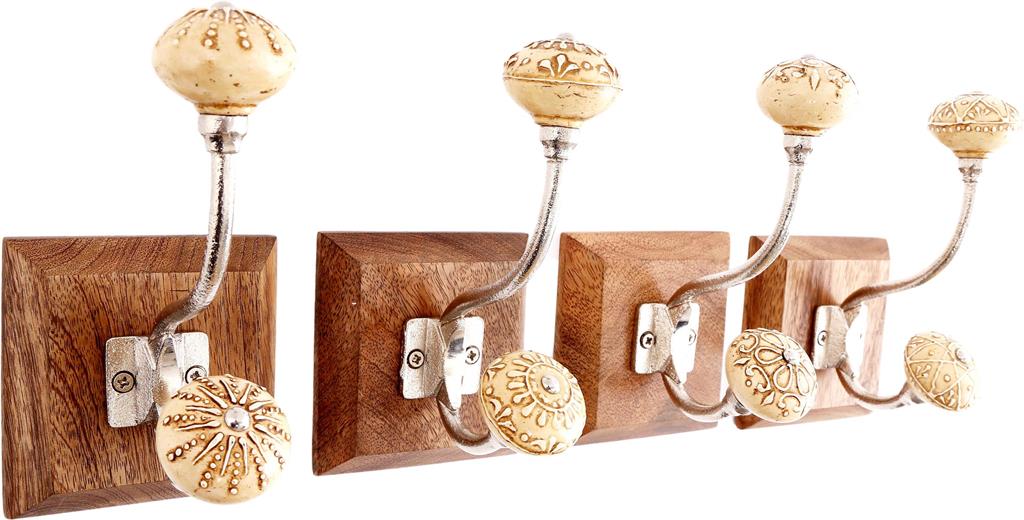 Patère en bois et céramique double crochet 