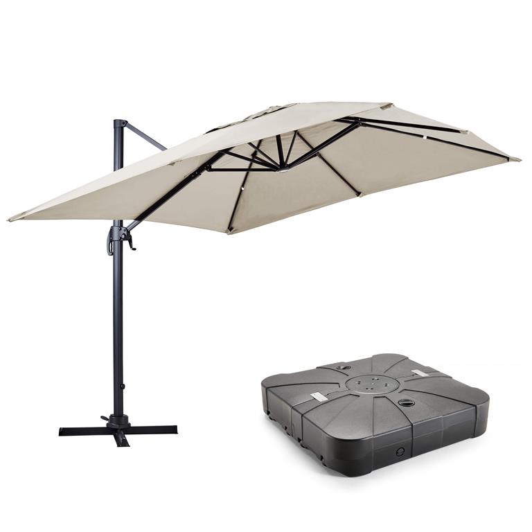 Parasol déporté 3x4m et dalle à lester sur roues aluminium blanc