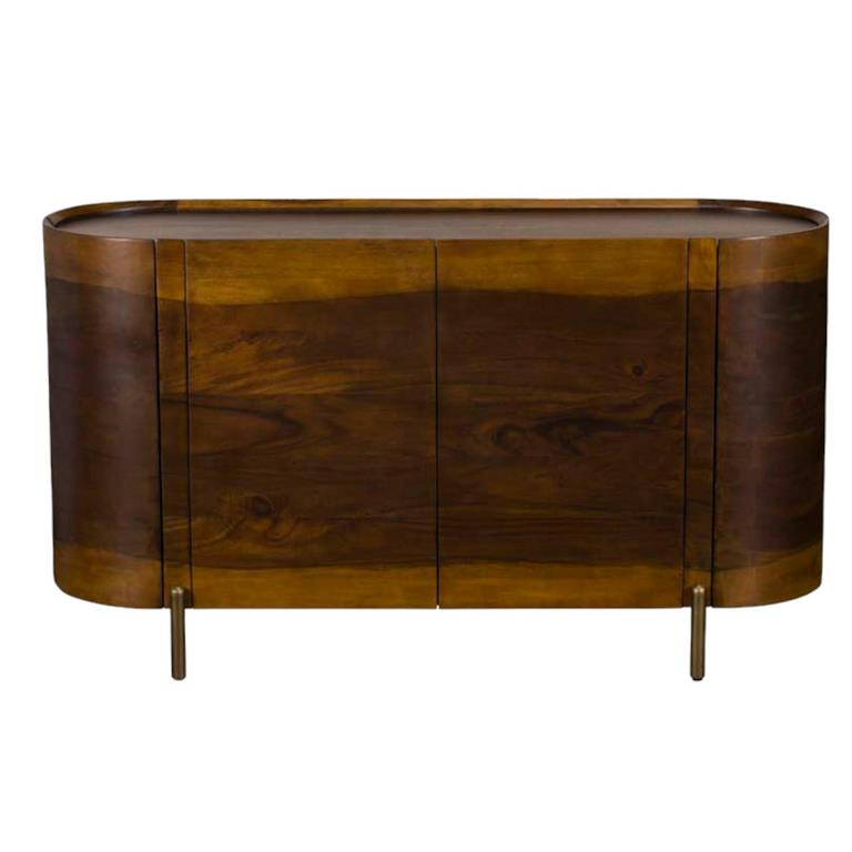 Buffet en bois de manguier forme incurvée FENI. Composition : Manguier massif et pied effet laiton. Dimensions : Longueur : 141 cm. Largeur : 50 cm. Hauteur : 79 cm. ...