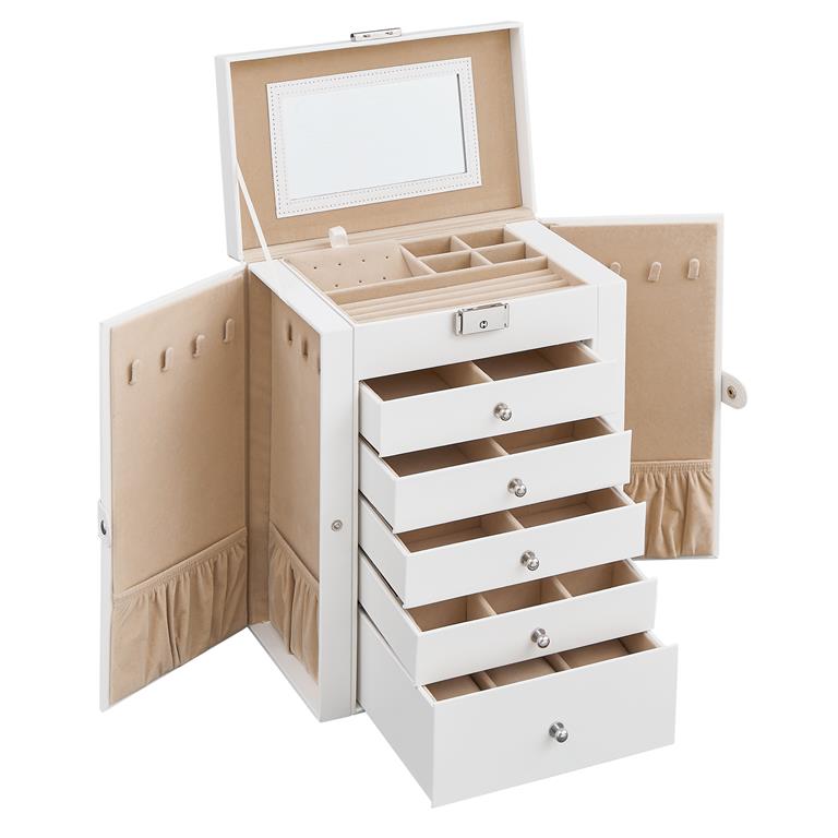 Boîte à bijoux 6 niveaux avec ailes  tiroirs miroir et fermoir blanc