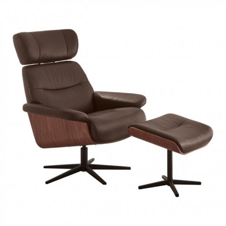 Fauteuil relax pivotant à 360° STELLA assise confortable en cuir marron piétement métal noir