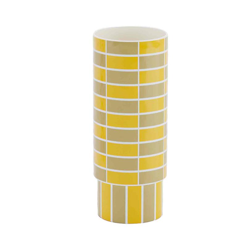 Vase céramique tube à damier jaune 31cmx12