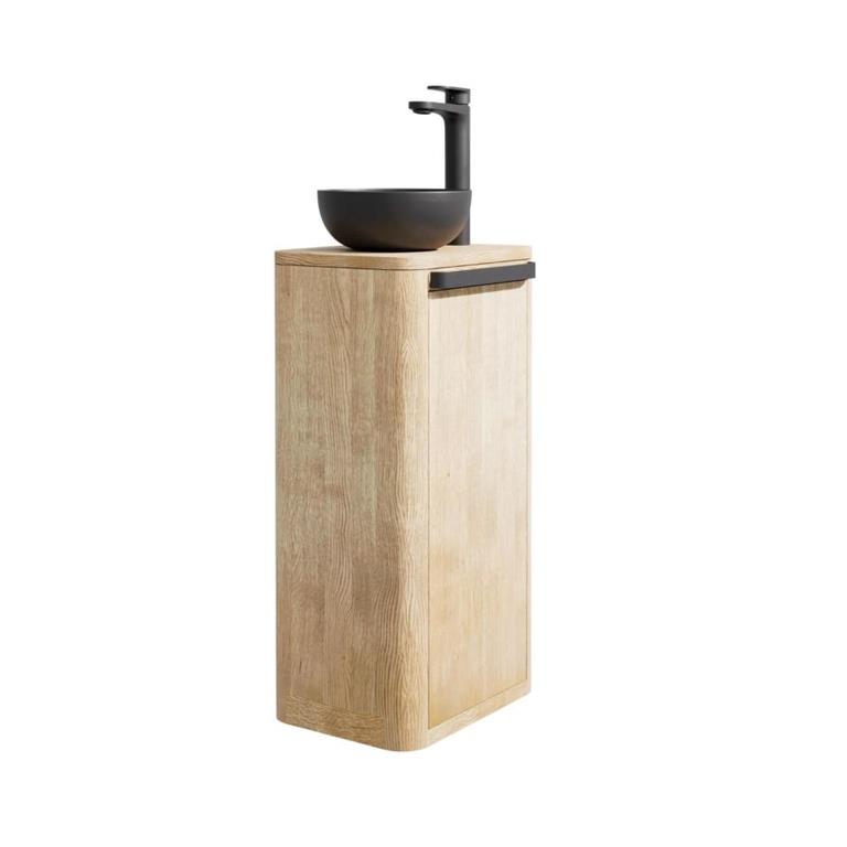 Ensemble lave-mains totem en chêne massif vieilli avec vasque ronde