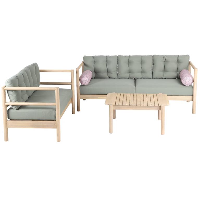 Salon de jardin 5 places bois d'acacia  blanchi coussins vert