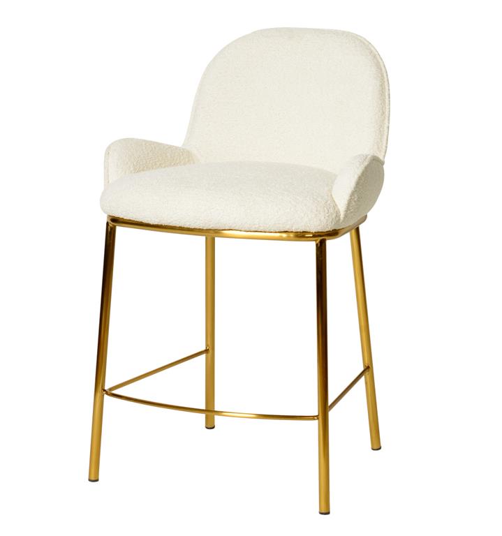 Chaise de bar en tissu bouclette Écru et métal doré brossé