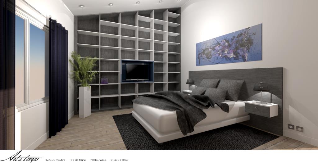 Chambre adultes avec tête de lit et bibliothèque sur mesure