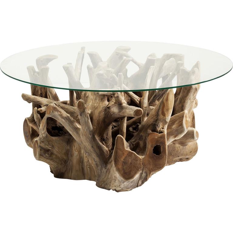 Table basse en teck flotté et verre