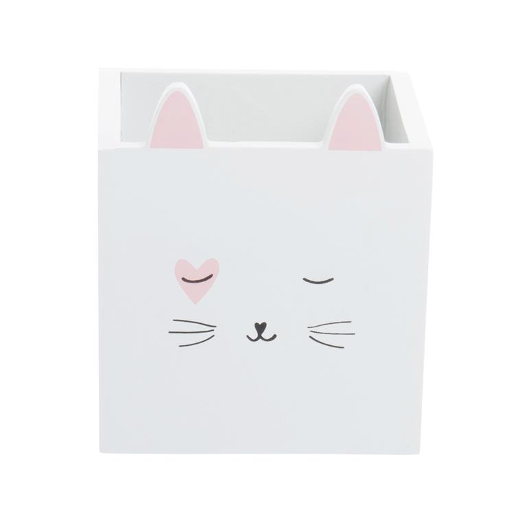 Pot à crayons chat en bois de sapin blanc et rose