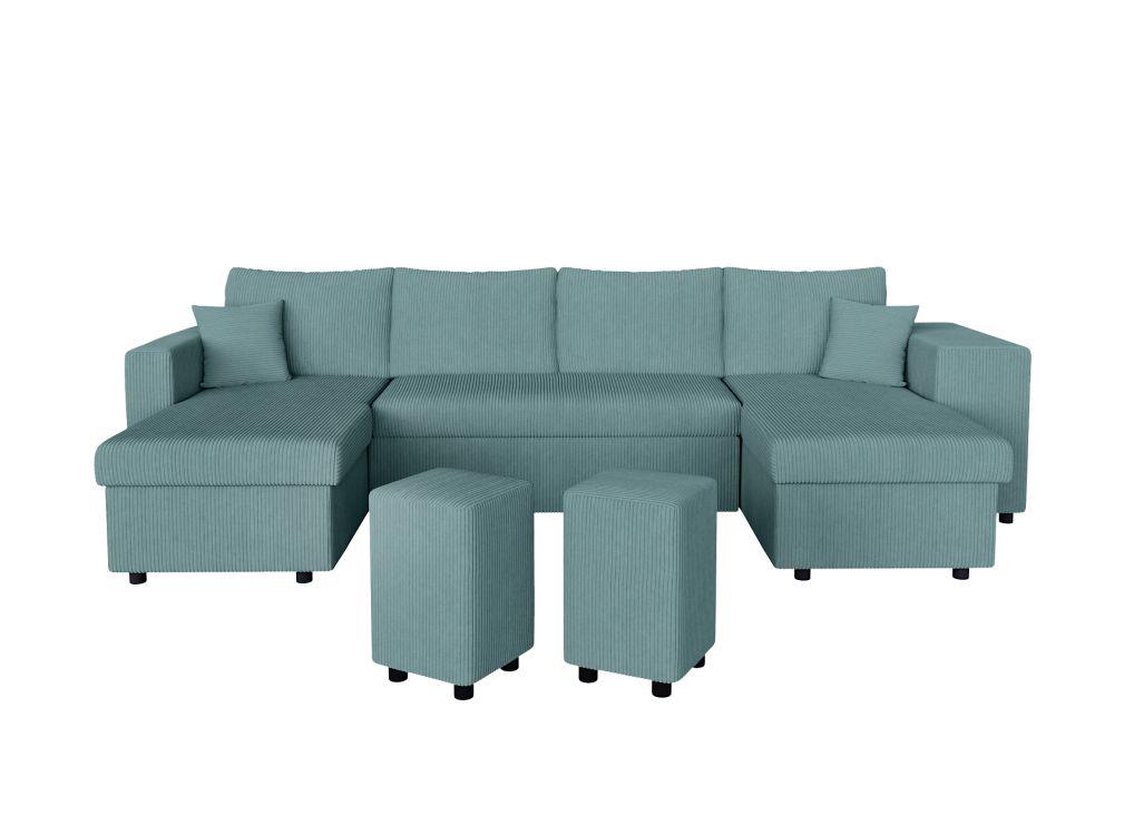Canapé panoramique avec 2 poufs droit en velours côtelé - Bleu clair