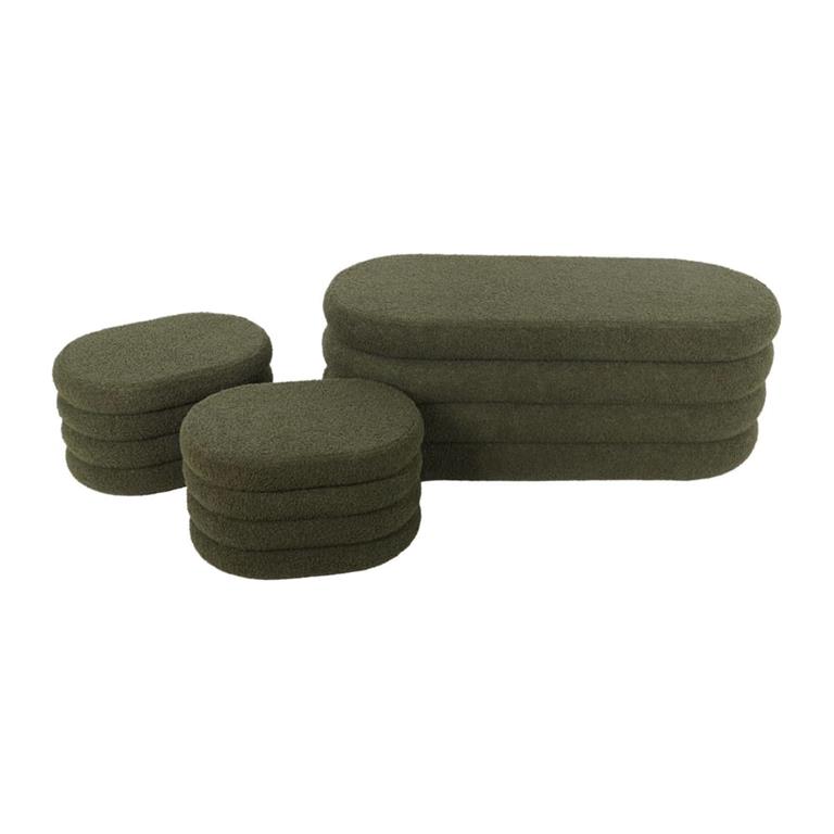 Banc coffre bouclette kaki avec 2 poufs de rangement