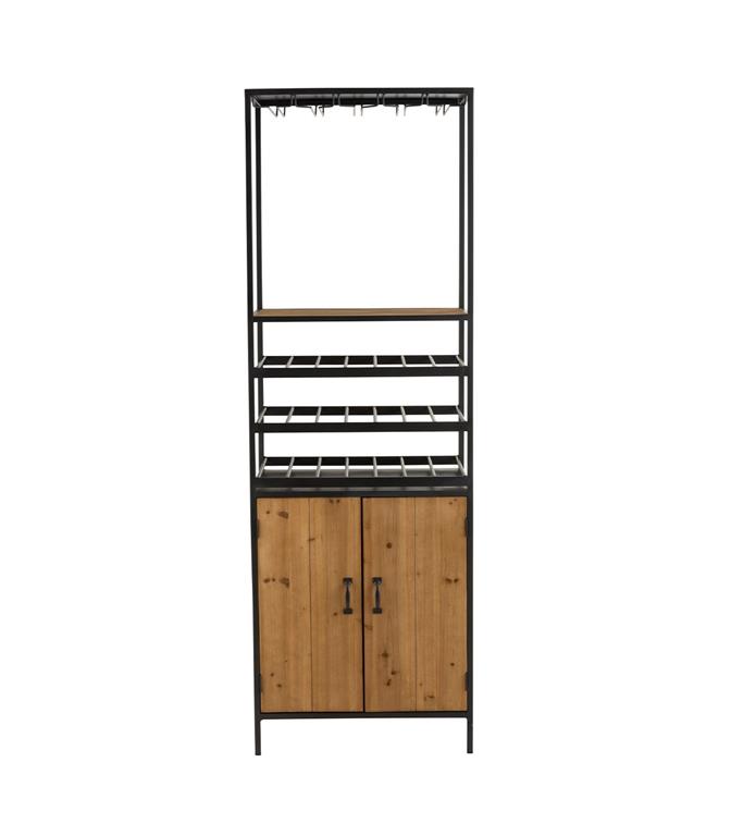 Armoire à vin pour bouteilles et verres en métal et bois naturel