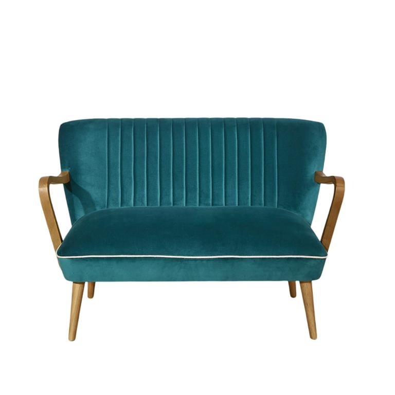 Banquette 2 places en hévéa et velours bleu canard