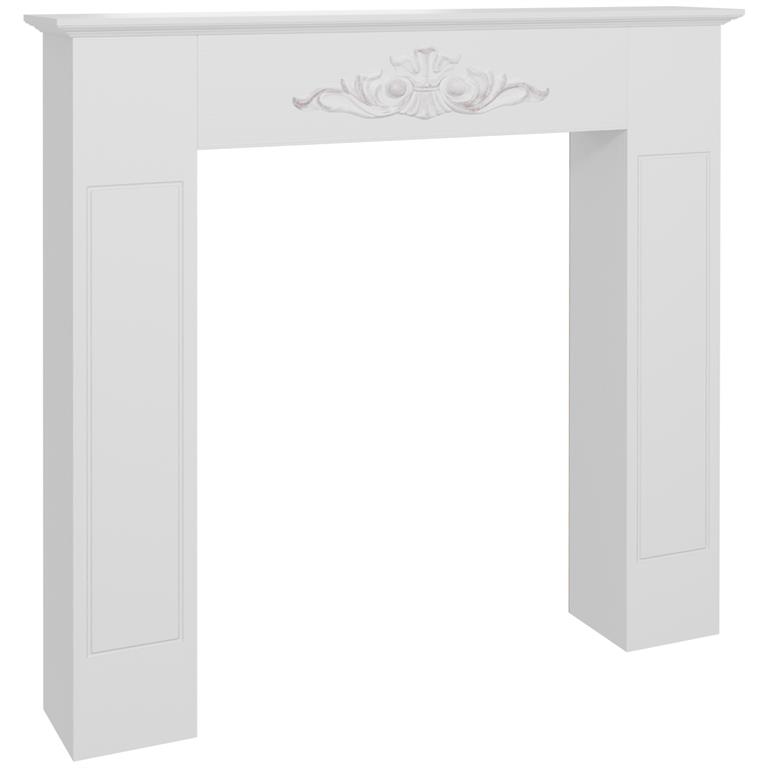 Manteau de cheminée style baroque bois de sapin blanc effet vieilli