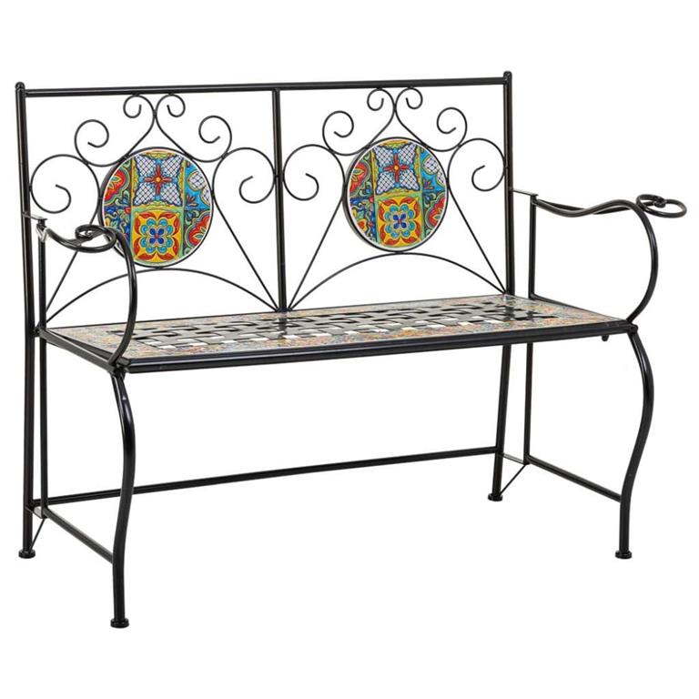 Banc en mosaïque et fer forgé noir 110x50x88h