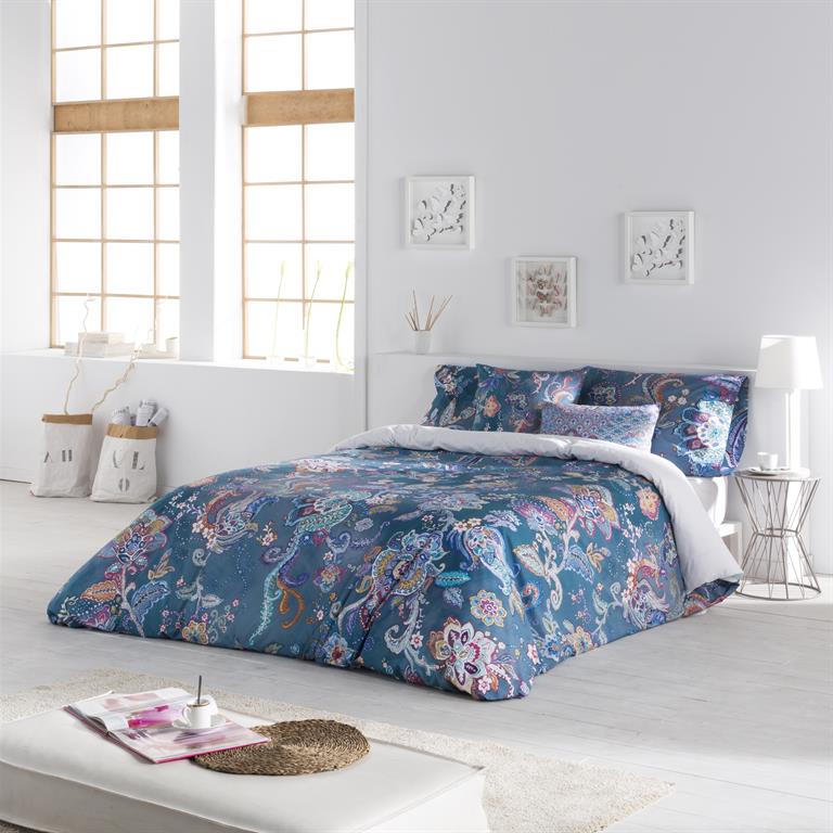 Housse de couette imprimé en percale coton bleu 220x220 cm