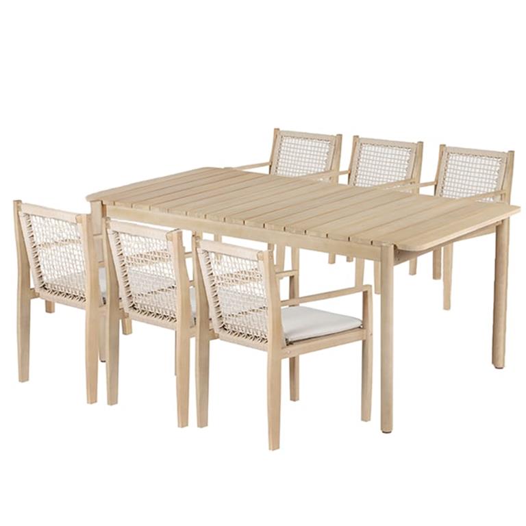 Ensemble table 210cm et 6 fauteuils en bois d'acacia  blanchi