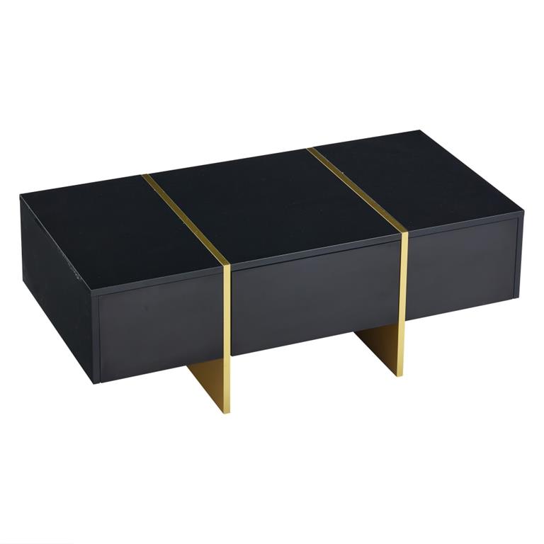 Table basse rectangulaire noire brillant 4 tiroirs accents dorés