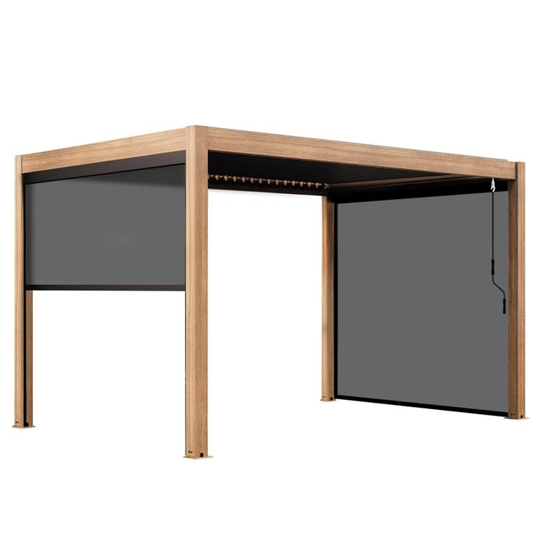 Pergola bioclimatique autoportée 3x4m et 3 stores bois gris