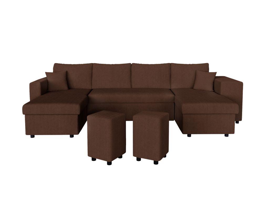Canapé panoramique avec 2 poufs droit en velours côtelé - Marron