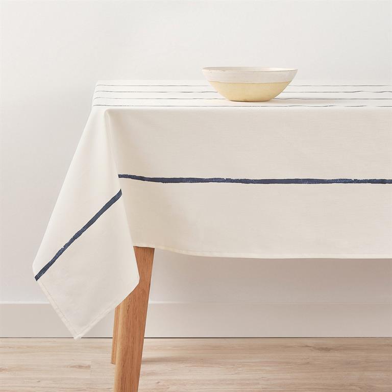 Nappe en tissu en coton blanche à rayures bleues 100x155 cm