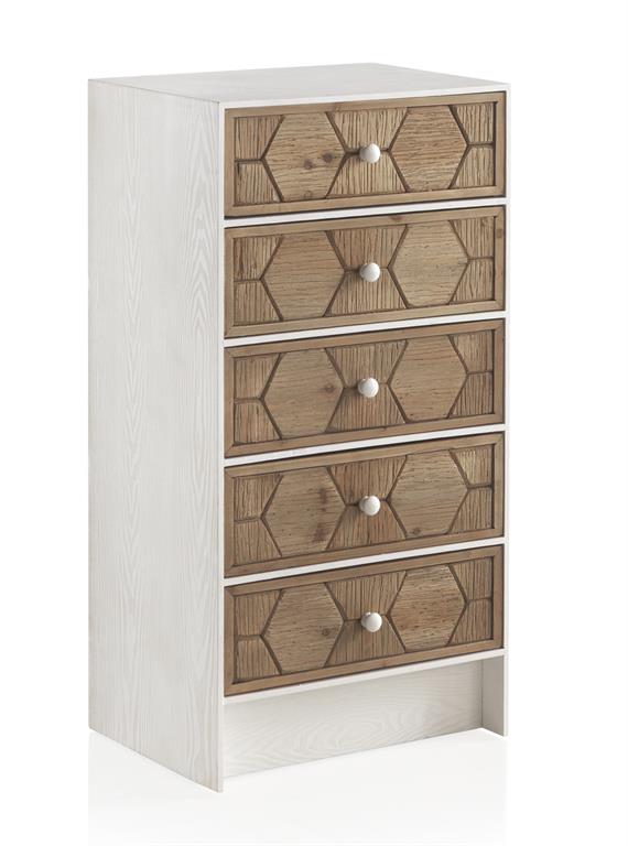 Commode 5 tiroirs en frêne blanc patiné