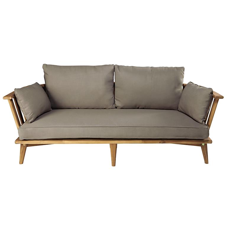 Banquette de jardin 2/3 places en acacia massif et coussins taupe
