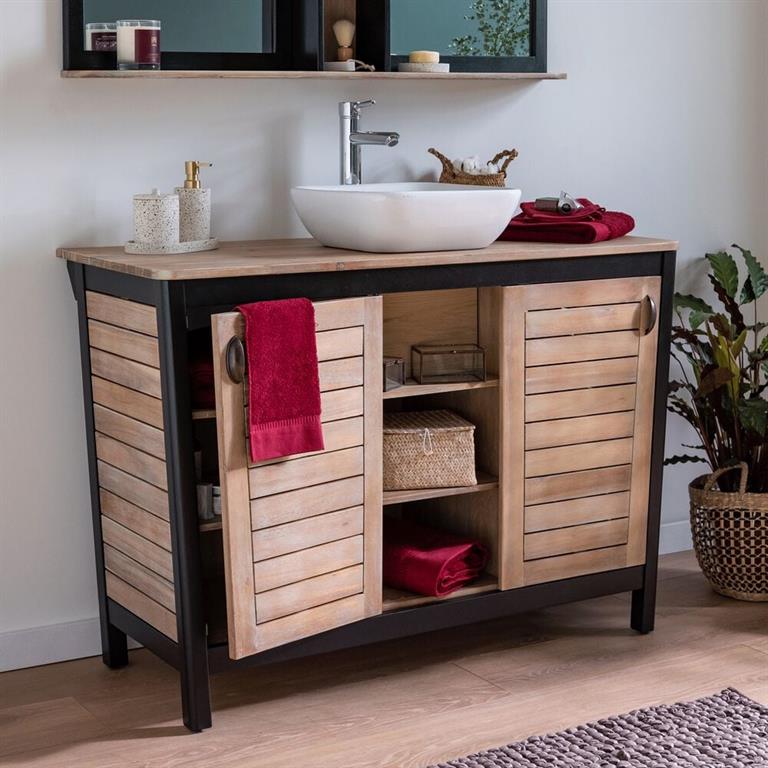 Style industriel. Découvrez cette gamme de mobilier pour salle de bains aux tendances exotiques. En acacia massif, ce meuble sous-vasque de 120cm ajoutera une touche décorative et vous permettra de ranger votre linge de toilette grâce ...