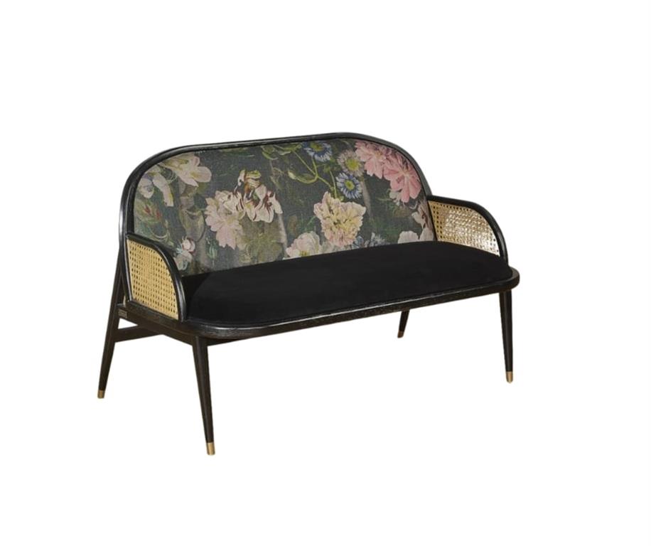 Banquette 2 places en chêne couleur noire et tissus à motifs