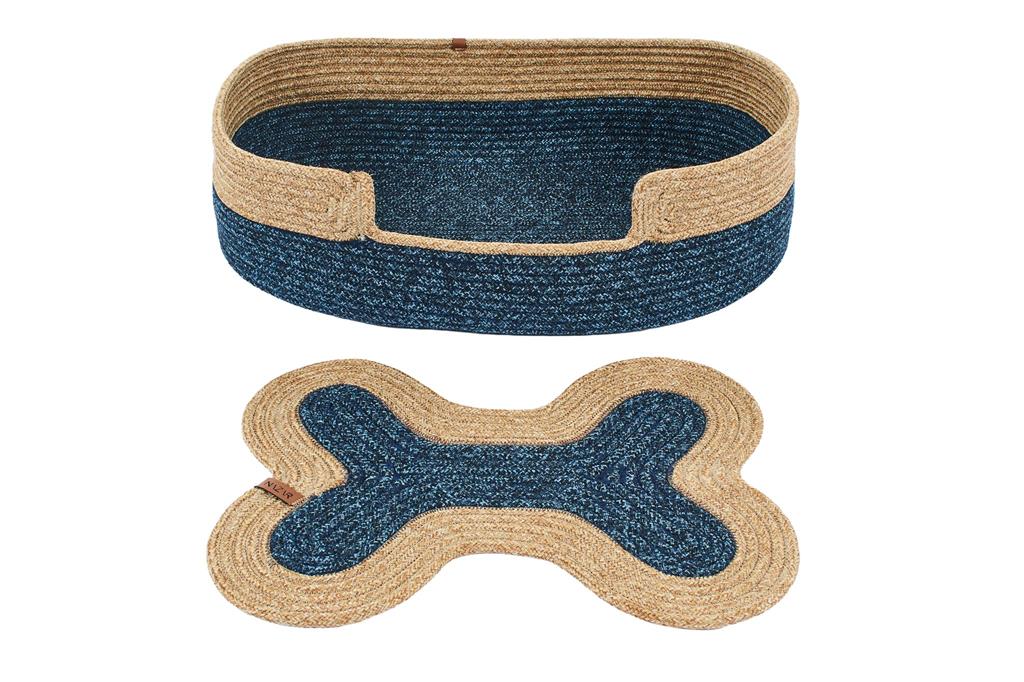 Panier avec son support de gamelle pour animaux bleus 60x34