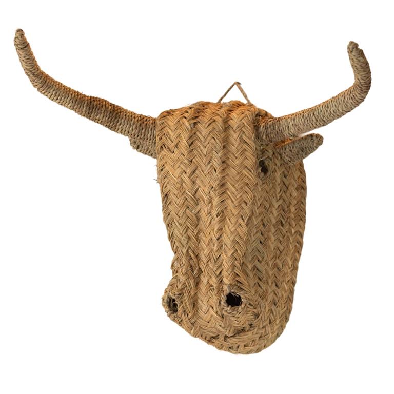 Déco murale tête de bœuf en paille xl osier naturel 30 x 55