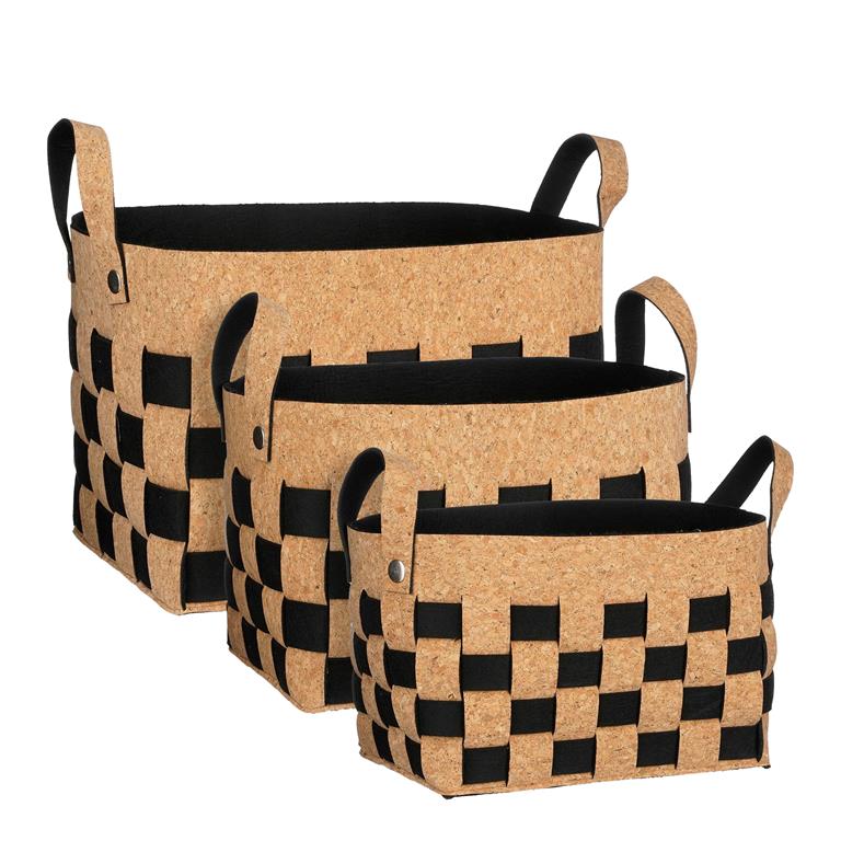 Lot de 3 paniers de rangement en liège et feutre noir H30