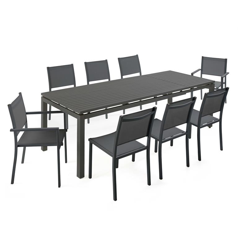 Ensemble table de jardin extensible et 8 assises en aluminium gris