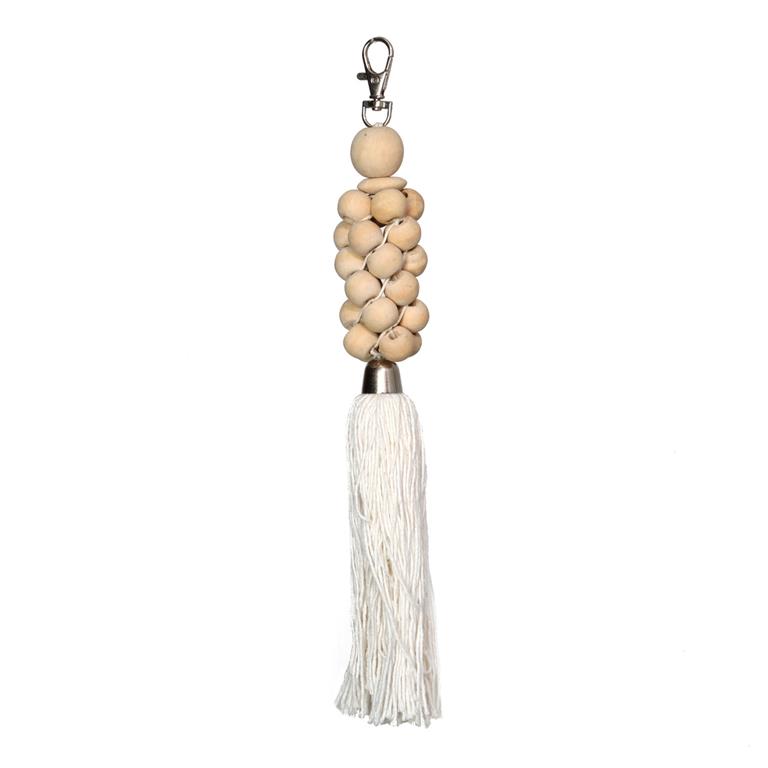 Porte-clés en coton avec perles en bois blanc