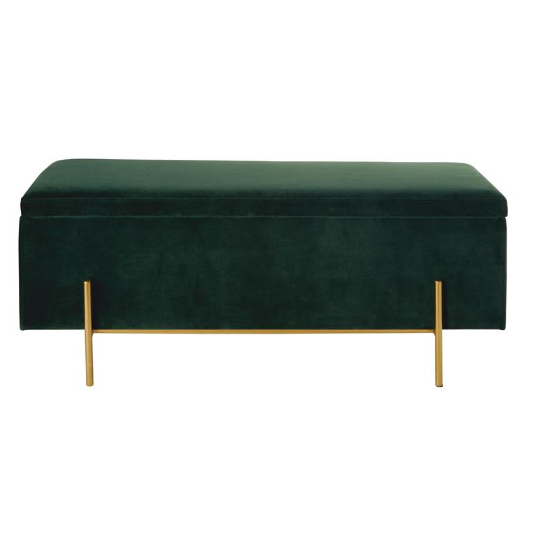 Banquette coffre en velours vert et métal doré