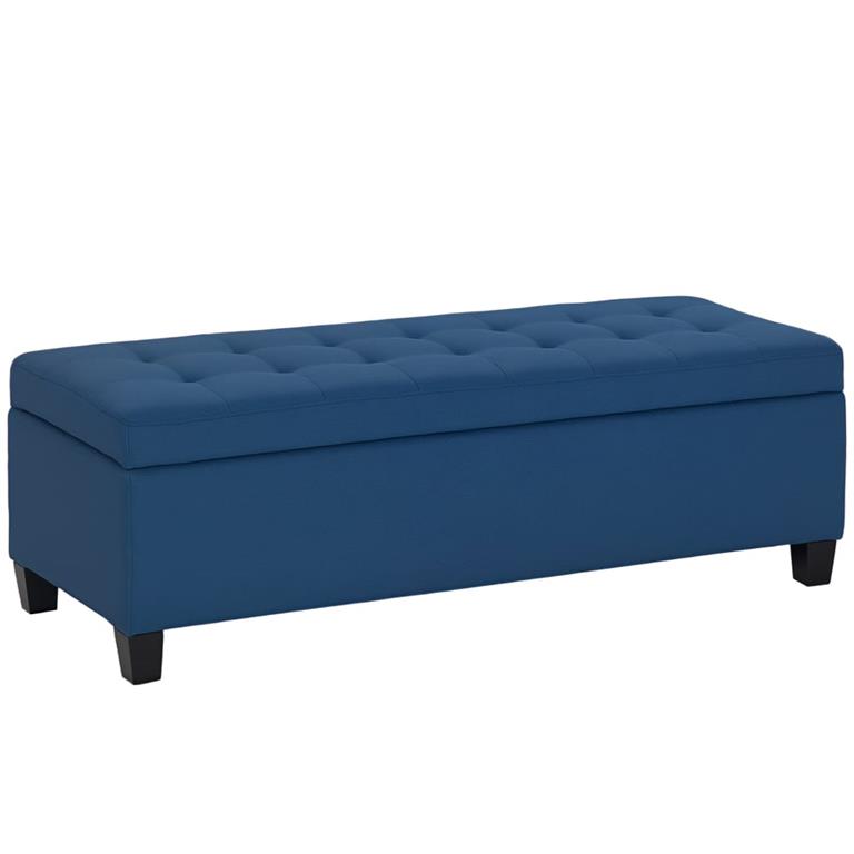 Banc de rangement siège capitonné tissu aspect lin pieds en bois bleu