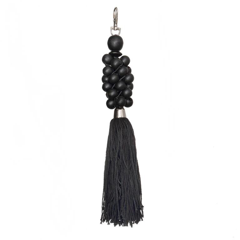 Porte-clés en coton avec perles en bois noir