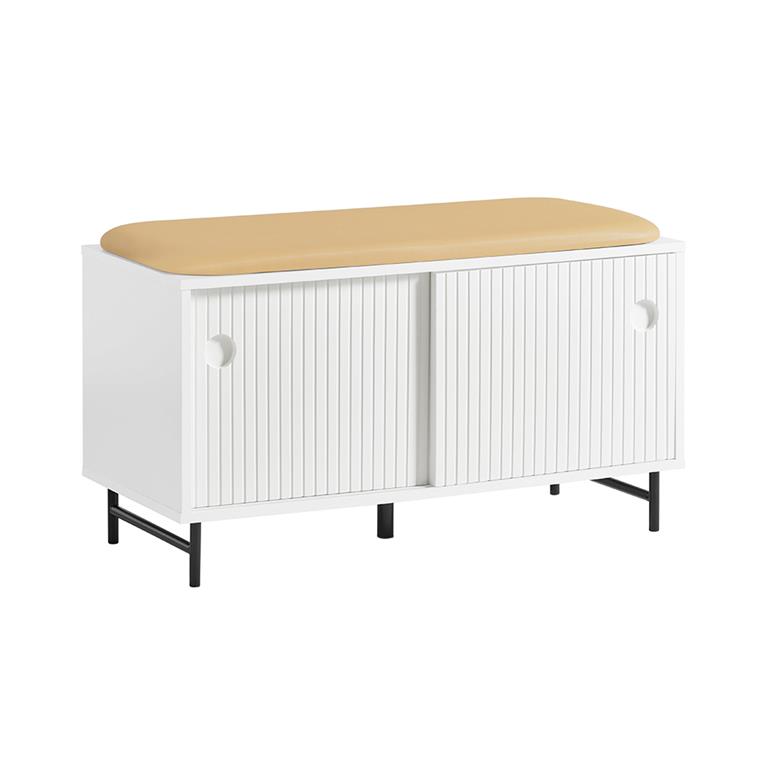 Banc à chaussures 2 portes coulissantes et 4 étagères effet bois blanc