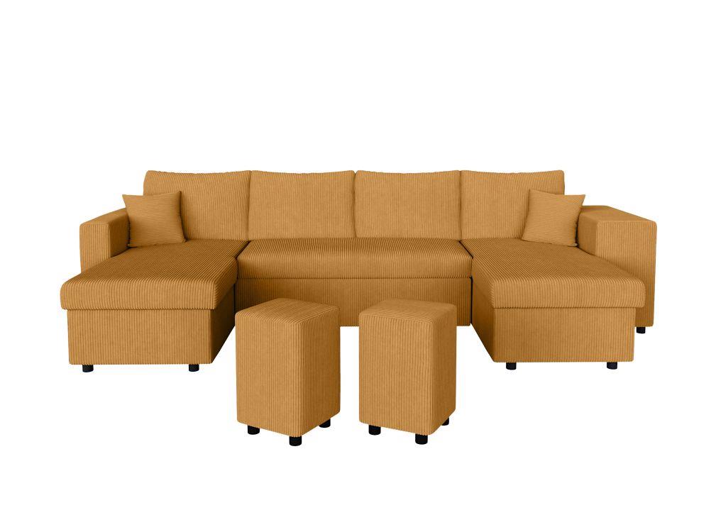 Canapé panoramique avec 2 poufs droit en velours côtelé - Jaune