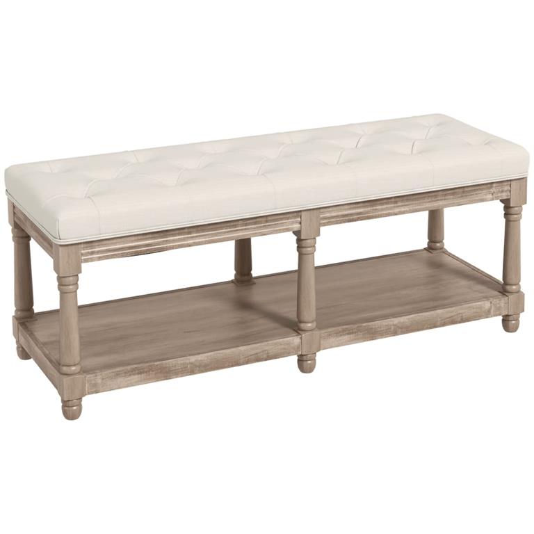 Banc à chaussures capitonnée étagère bois sculpté tissu beige