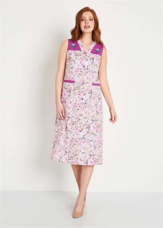 Tablier fleuri brodé sans manches coton - ANGERS - Rose - Polyester - Taille 