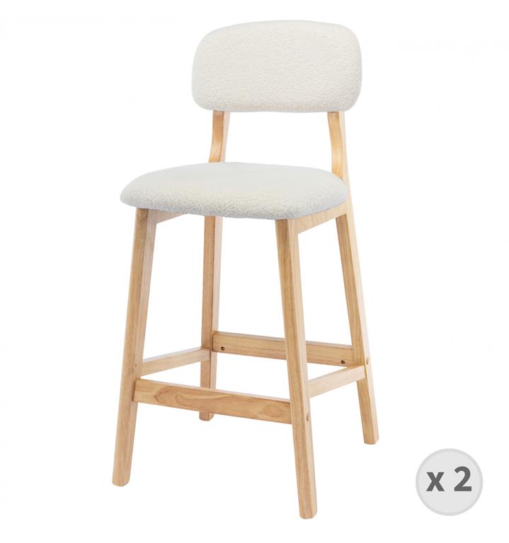 Tabouret de bar en tissu bouclette écru et bois naturel 