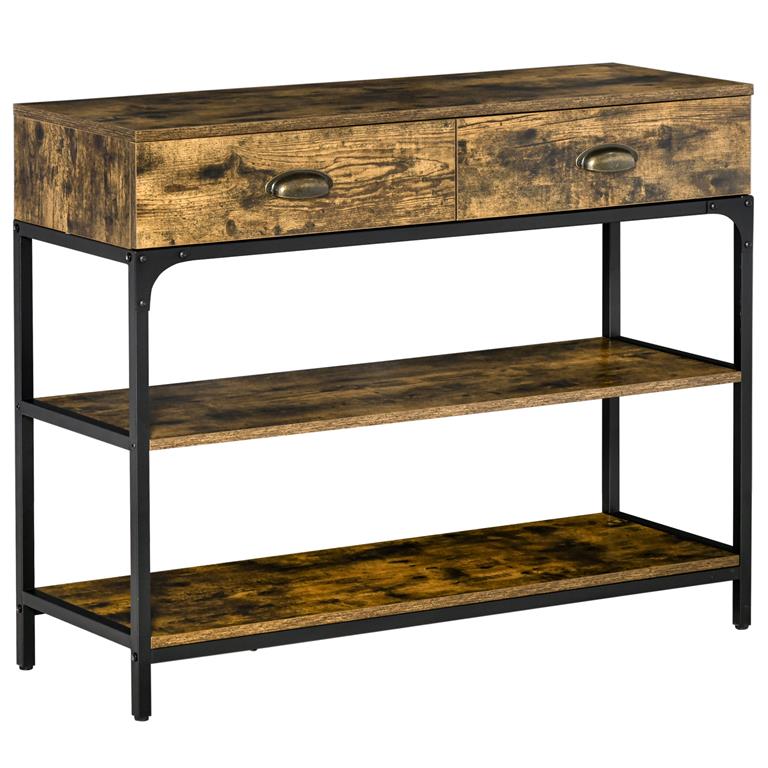 Console style industriel 2 tiroirs 2 étagères métal noir aspect bois