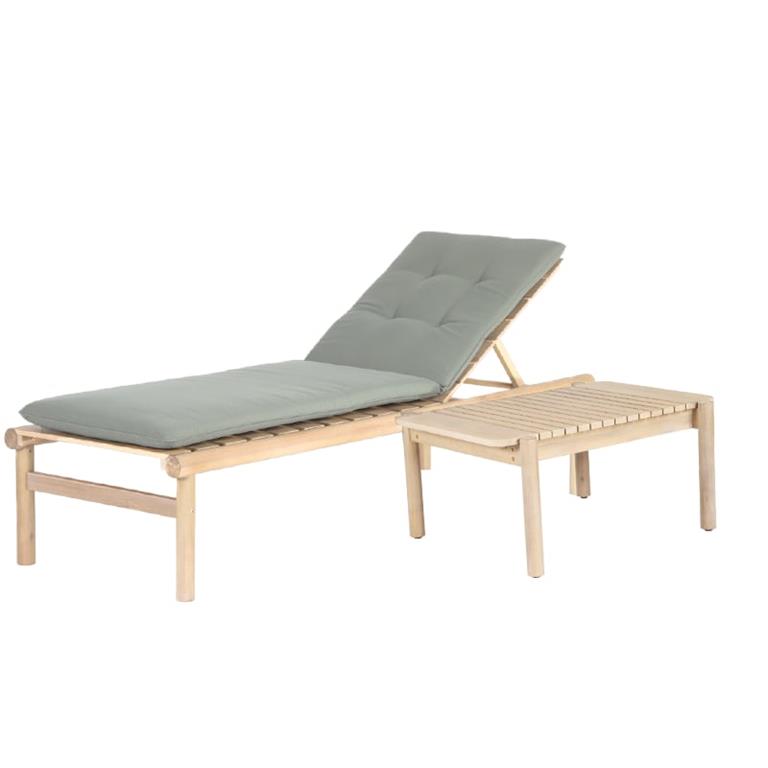 Ensemble bain de soleil et table basse bois d'acacia avec matelas kaki