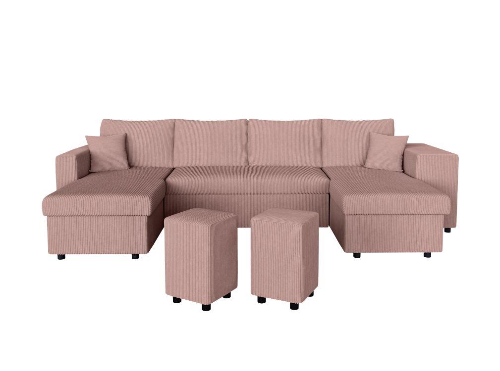 Canapé panoramique avec 2 poufs droit en velours côtelé - Rose