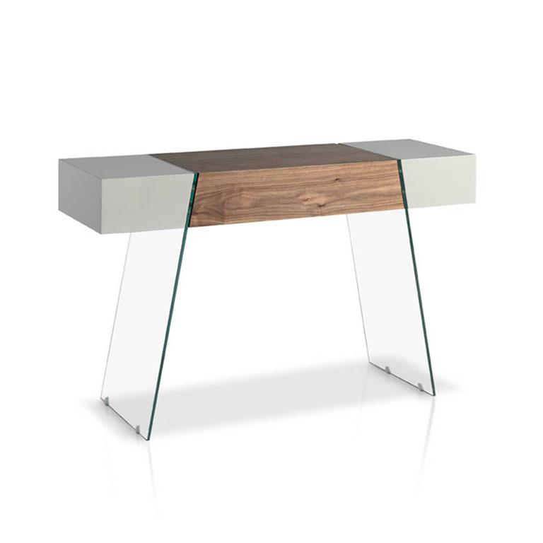 Console effet bois noyer et verre trempé