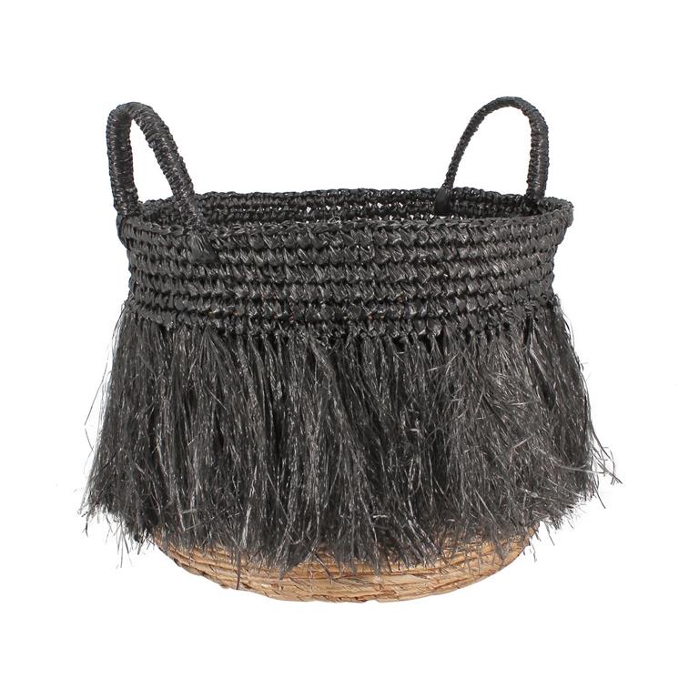 Panier à franges en raphia noir avec anses 36cm