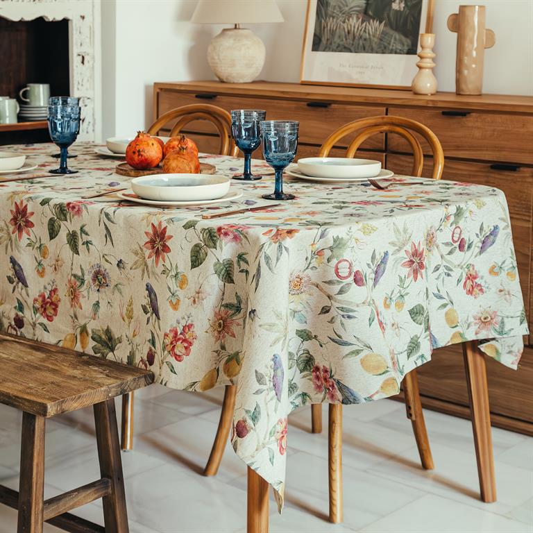 Nappe en lin antitache imprimée floral multicolore 140x100 cm